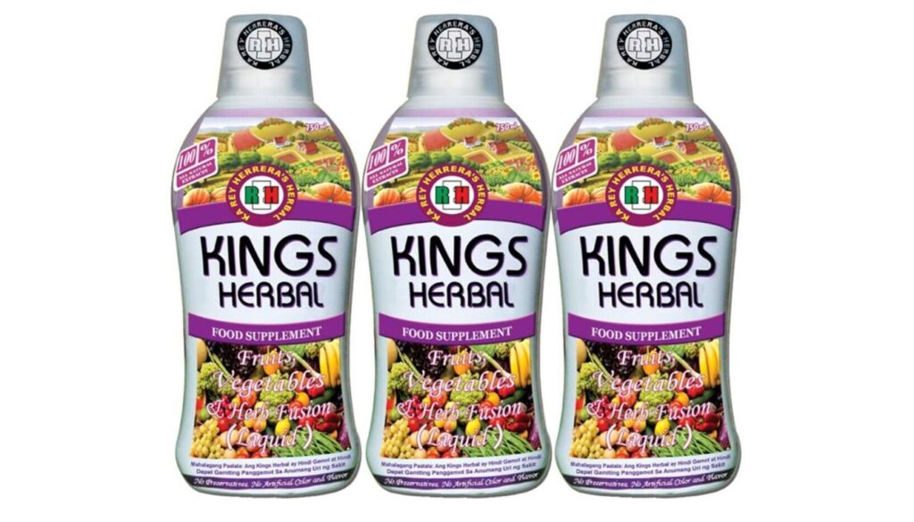 Three bottles of Kings Herbal food supplement, labeled as a fusion of fruits, vegetables, and herbs in liquid form.