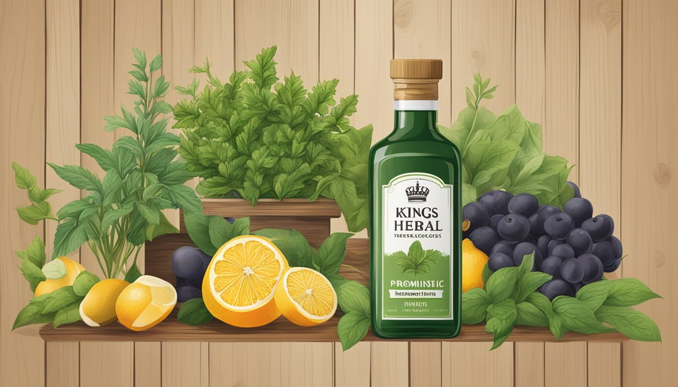 A bottle of Kings Herbal supplement surrounded by fresh fruits and herbs on a wooden shelf.