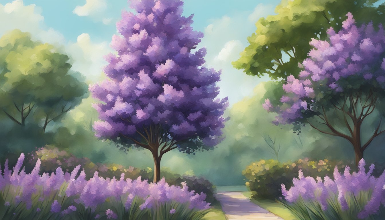 A serene garden path surrounded by lush greenery and vibrant lavender trees and bushes under a bright sky.