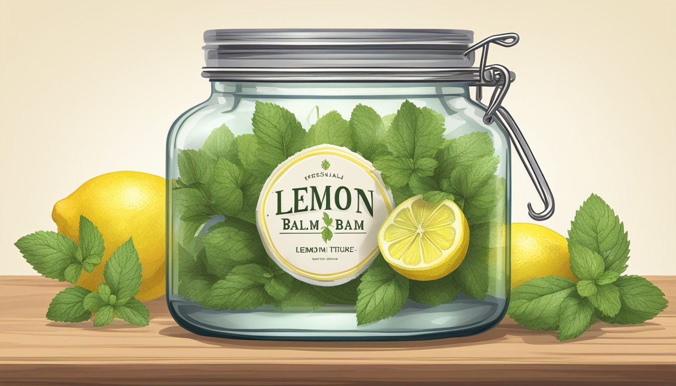 Illustration of a jar of Lemon Balm Tincture with lemons and mint leaves.