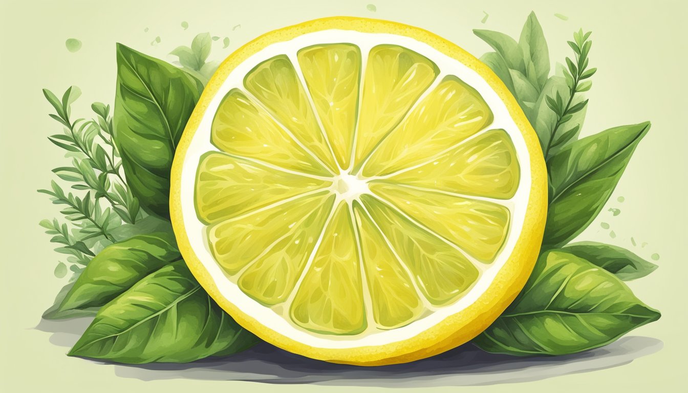 A vibrant illustration of a sliced lemon surrounded by fresh green herbs.