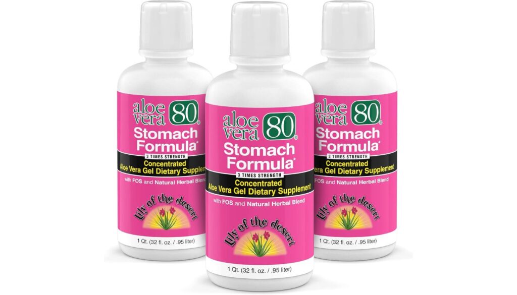 Three bottles of Lily of the Desert Aloe Vera 80 Stomach Formula, a concentrated aloe Vera gel dietary supplement.