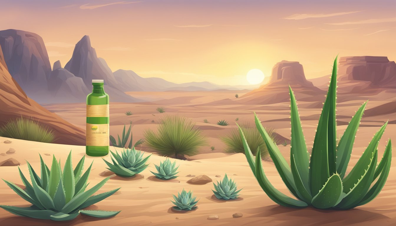 A bottle of Lily of the Desert Aloe Herbal Stomach Formula is placed in a serene desert landscape at sunset, surrounded by aloe vera plants.