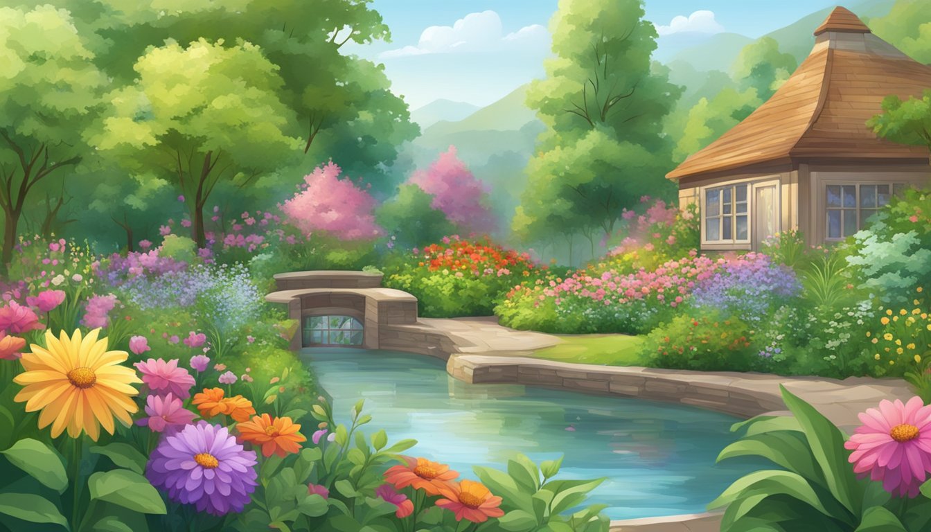 A serene garden with colorful flowers, a calm pond, a stone bridge, and a cozy cottage surrounded by lush greenery.