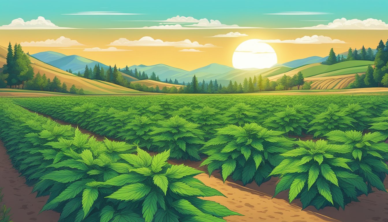 A lush green field of plants under a bright sunset, surrounded by rolling hills and mountains.