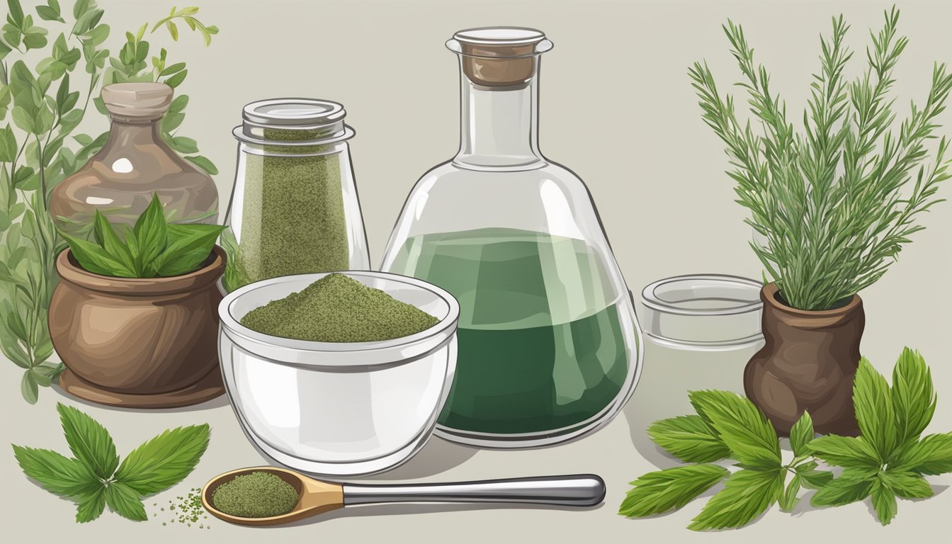 Illustration of containers and herbs used in making a tincture.