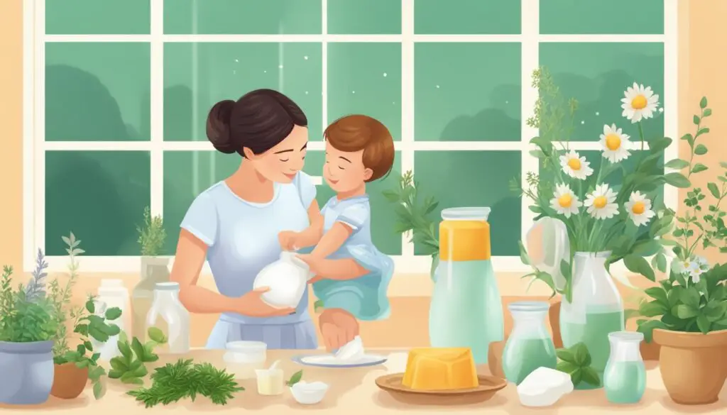 A person holding a child while preparing food in a bright kitchen, surrounded by various ingredients and flowers.