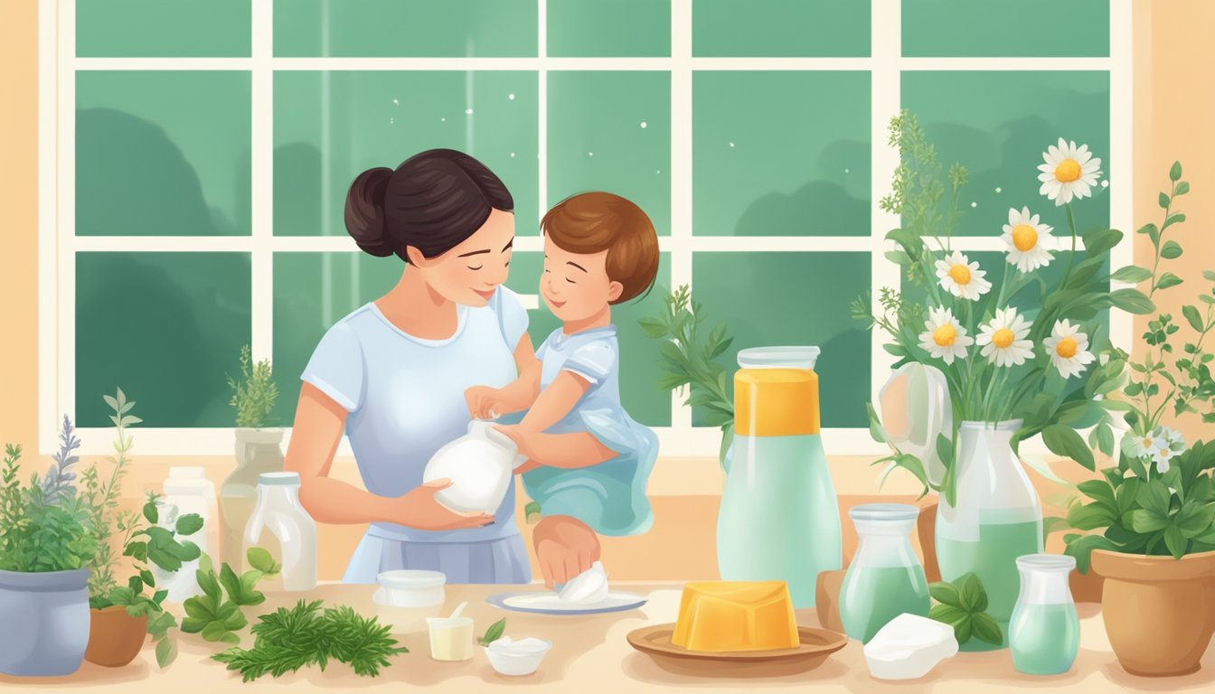 A person holding a child while preparing food in a bright kitchen, surrounded by various ingredients and flowers.