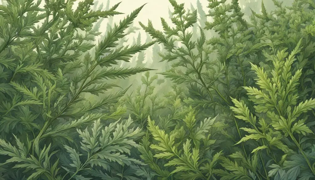 A detailed illustration showcasing the dense foliage of mugwort and wormwood plants.