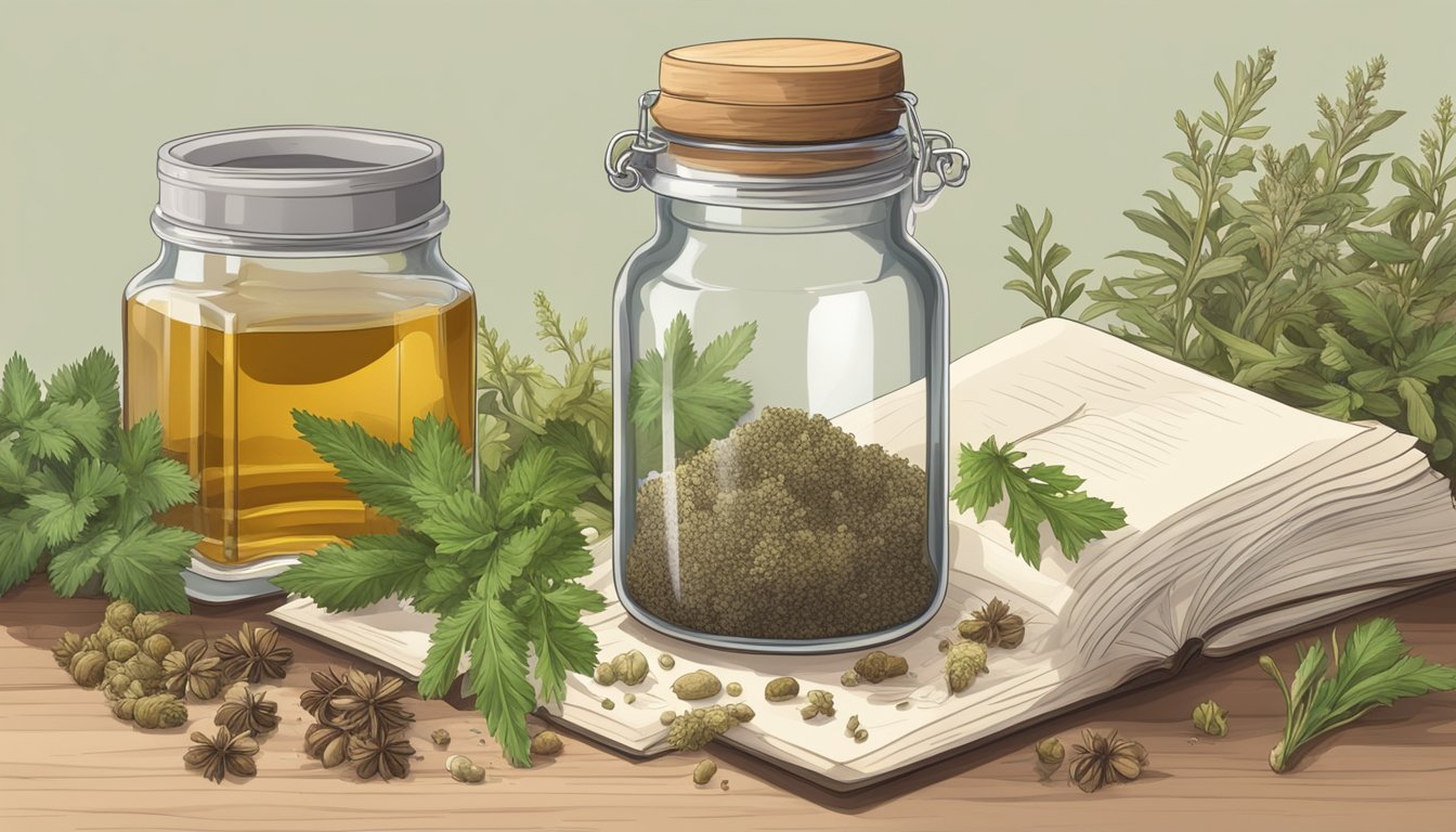 Illustration of two jars, one with oil and one with mullein root, and a book with mullein root on it.