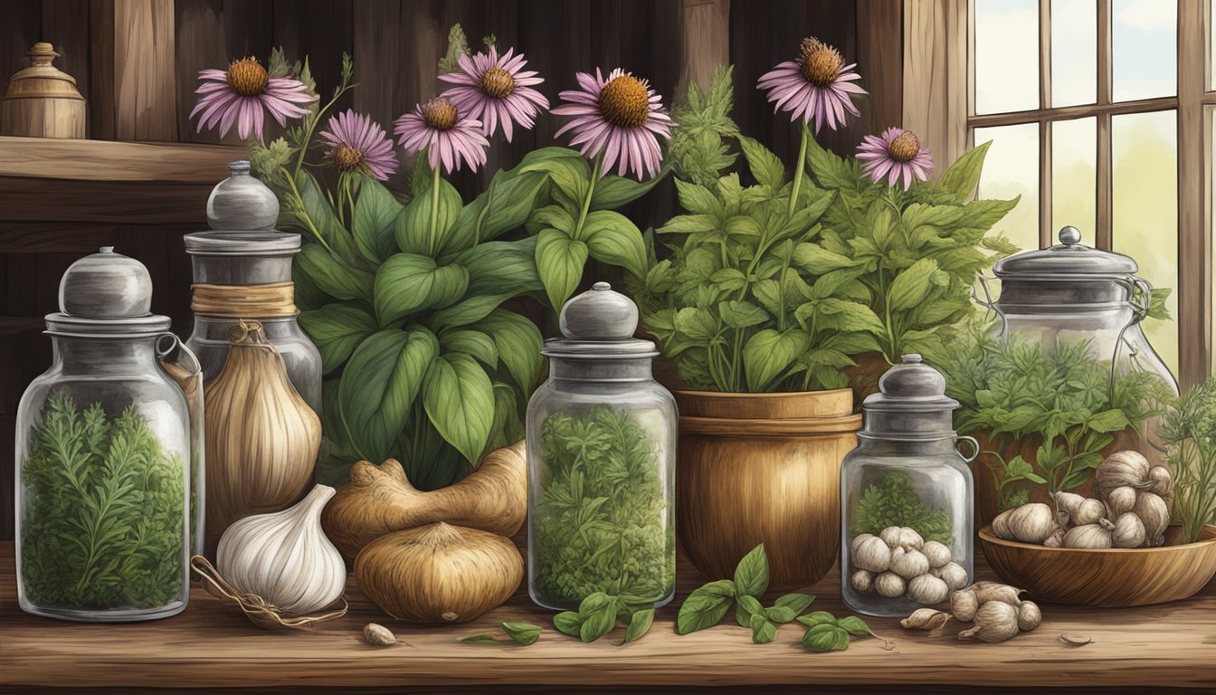 A variety of herbs and natural ingredients displayed on a wooden shelf, including echinacea flowers, basil, garlic, and herbs in glass jars.