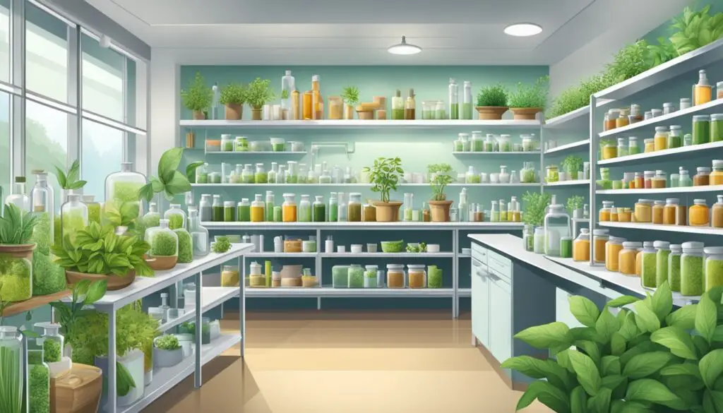 A bright and clean herbal store with shelves filled with various green plants and bottles of natural products.