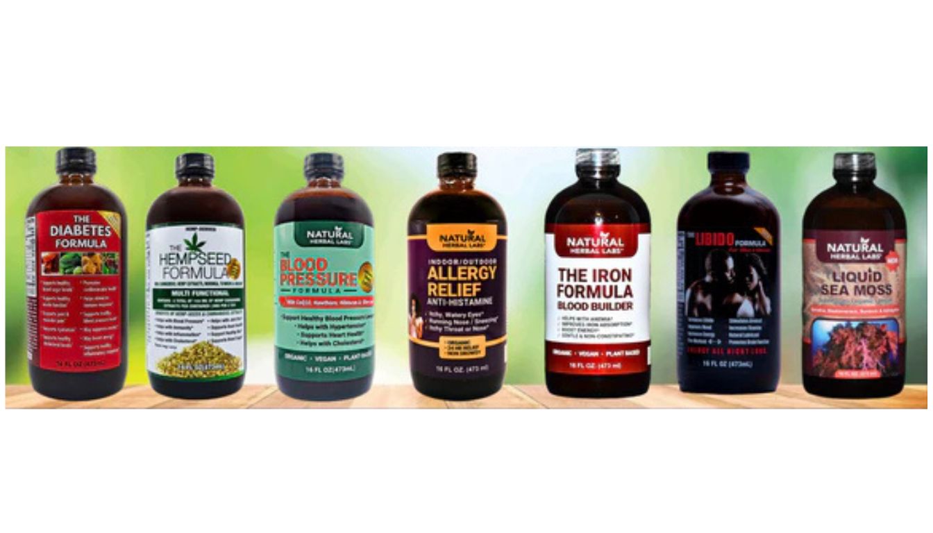 A lineup of seven different herbal supplement bottles from Natural Herbal Labs, each labeled with a specific health benefit.