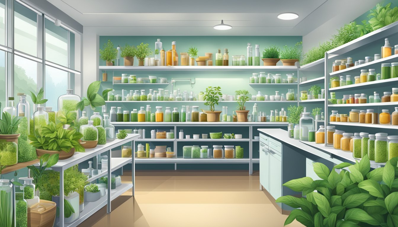 A bright and clean herbal store with shelves filled with various green plants and bottles of natural products.