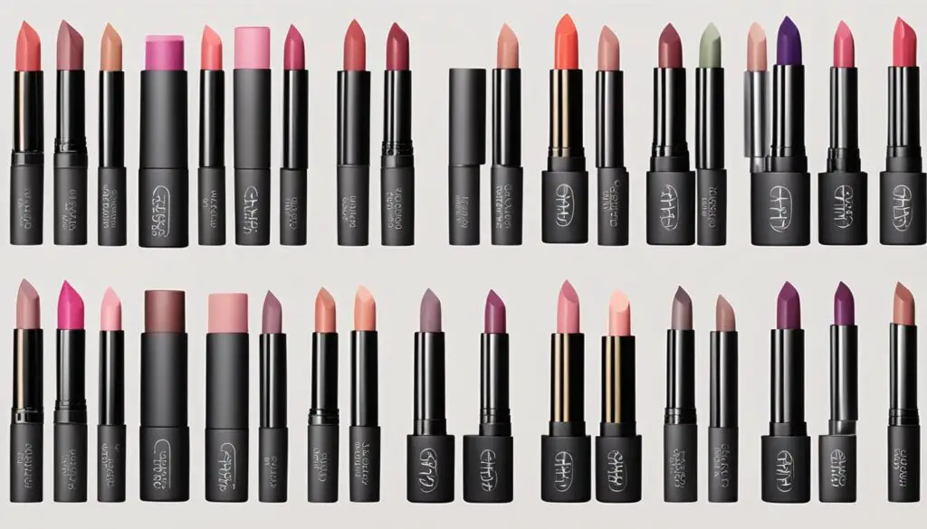 A collection of 16 Palladio Herbal Lipsticks showcasing a variety of shades from nude to vibrant purple.