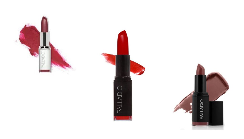 Three Palladio Herbal Lipsticks in berry, red, and mauve shades, each displayed with matching color swatches behind the tubes.