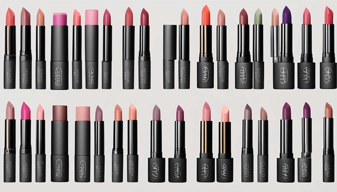 A collection of 16 Palladio Herbal Lipsticks showcasing a variety of shades from nude to vibrant purple.