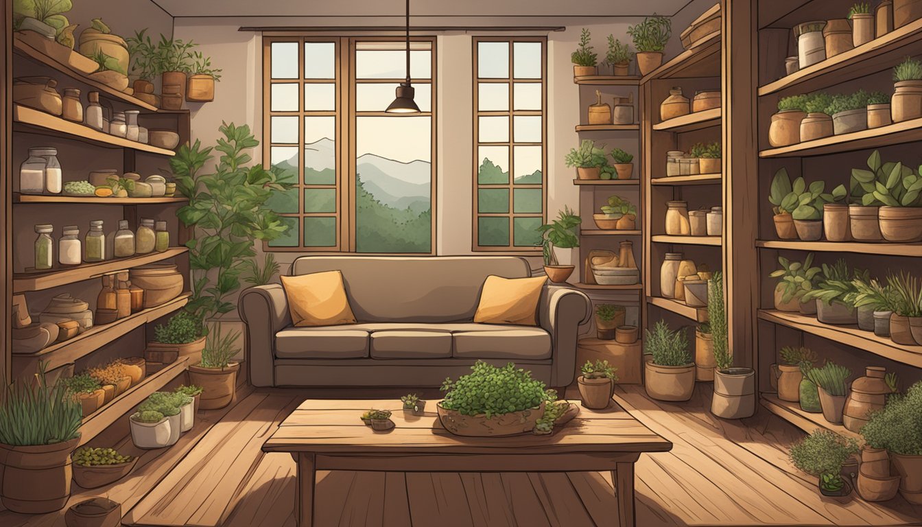 A cozy indoor garden room filled with various potted plants, a comfortable sofa, and a wooden coffee table, with a scenic mountain view visible through the window.
