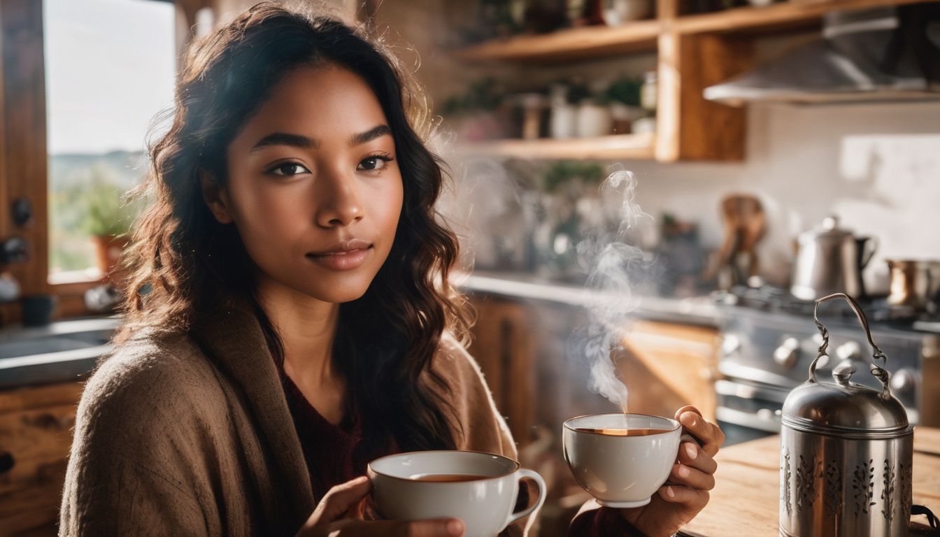 A person enjoying a cup of homemade peppermint tea in a cozy kitchen.