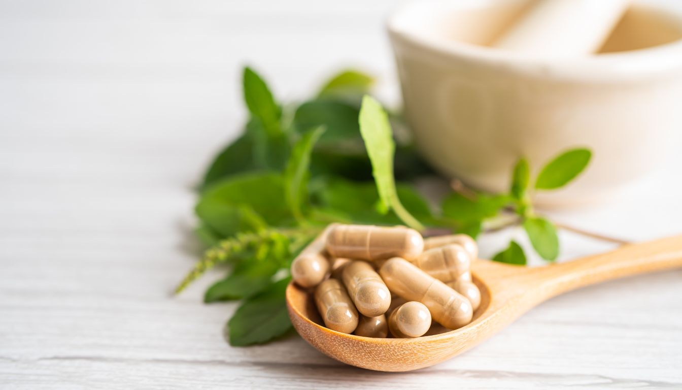 A wooden spoon filled with herbal supplement capsules, surrounded by fresh green leaves and a mortar and pestle in the background.