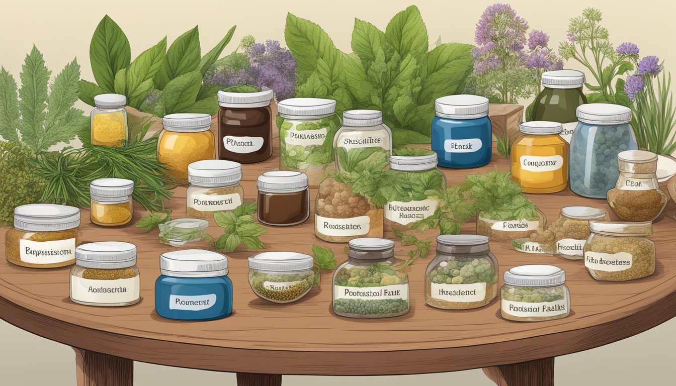 A variety of herbal supplements in labeled jars displayed on a wooden table, surrounded by green plants.