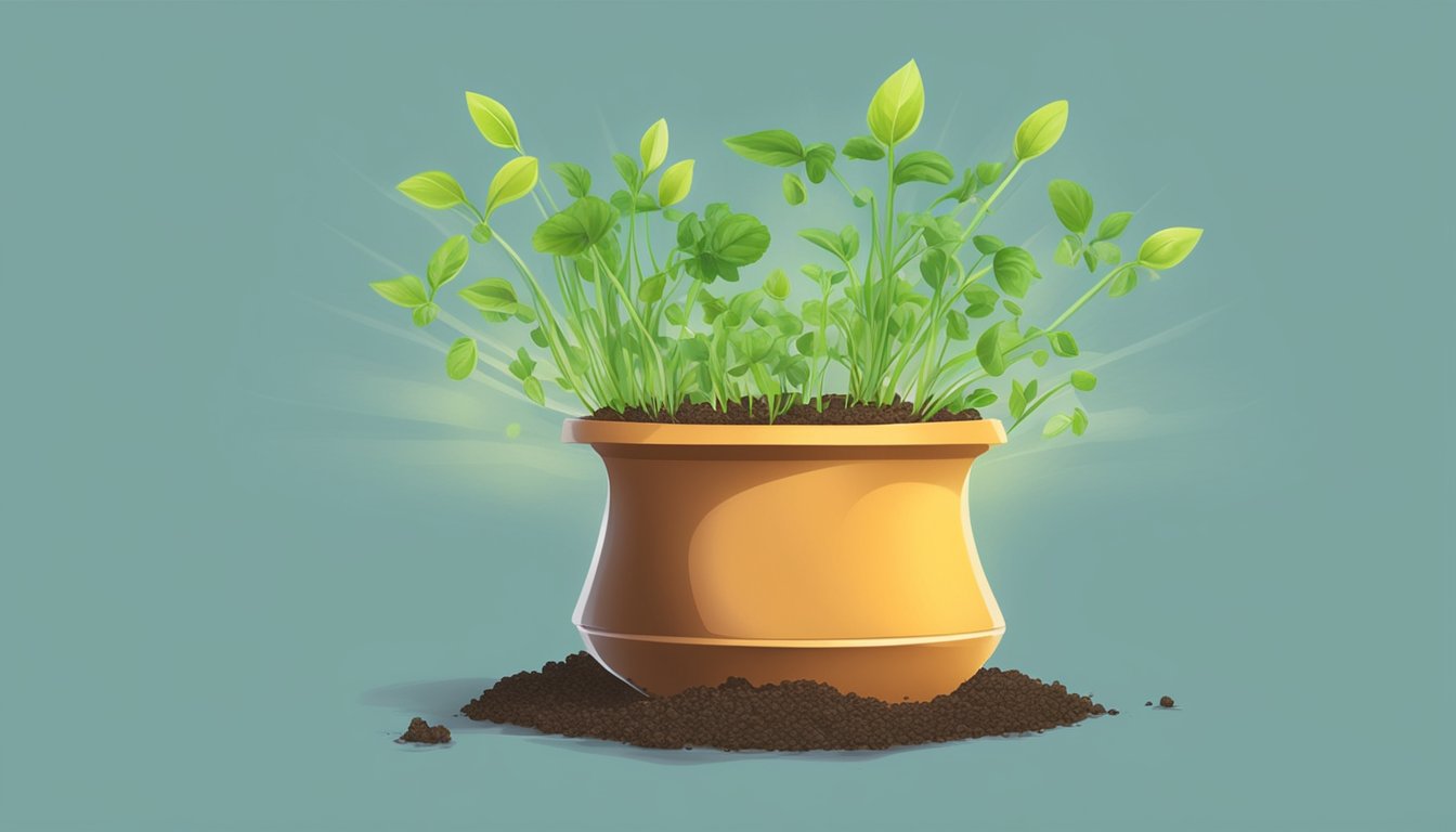 Illustration of a terra cotta pot with various herbs growing in it.