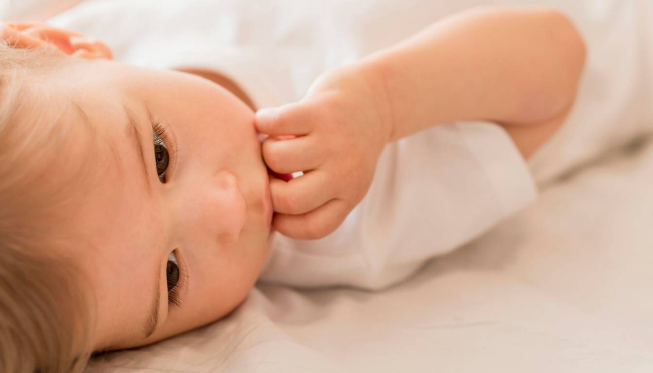 Close-up of a child's hand resting on a white surface.