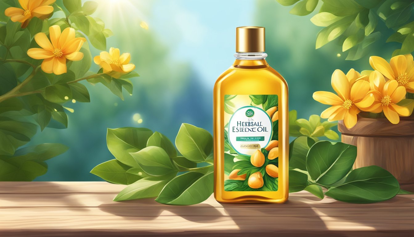 A bottle of Herbal Essences Argan Oil is surrounded by vibrant green leaves and bright yellow flowers, illuminated by sun rays.