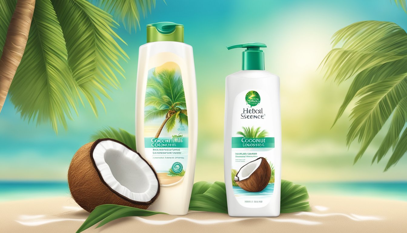 Two bottles of Herbal Essences Coconut Milk Shampoo and Conditioner, with a split coconut, set against a tropical beach backdrop.