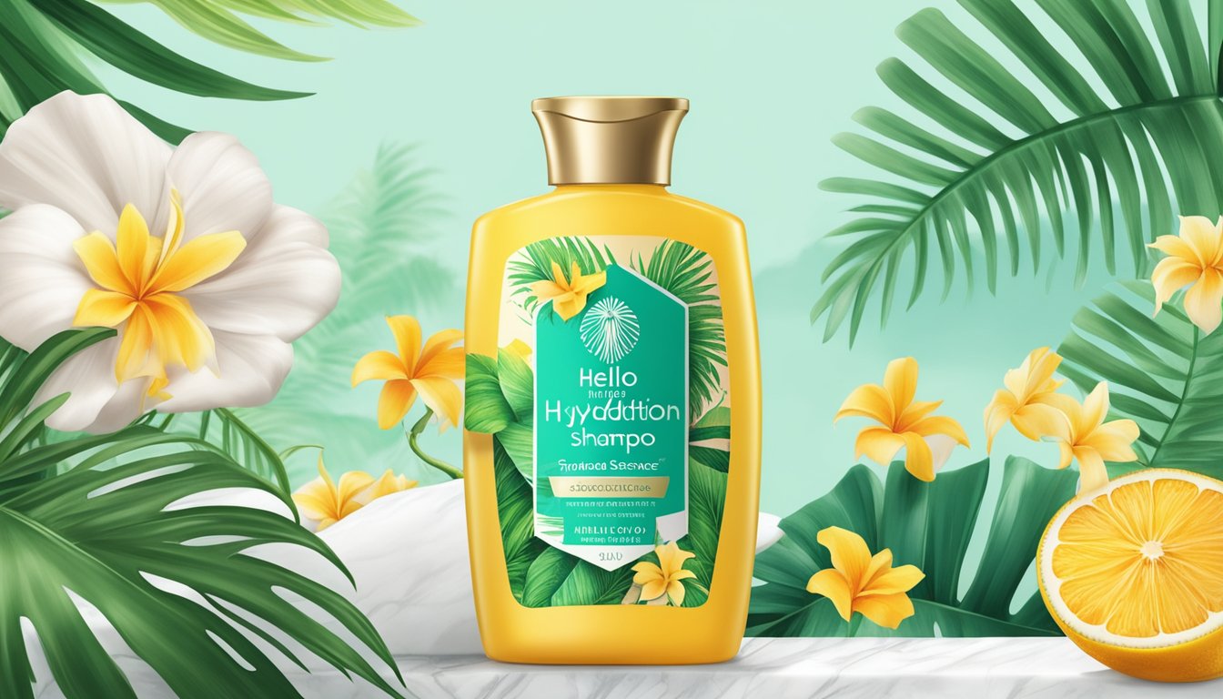 A vibrant image of Herbal Essences Hello Hydration Shampoo surrounded by lush green leaves, white flowers, and a sliced orange.
