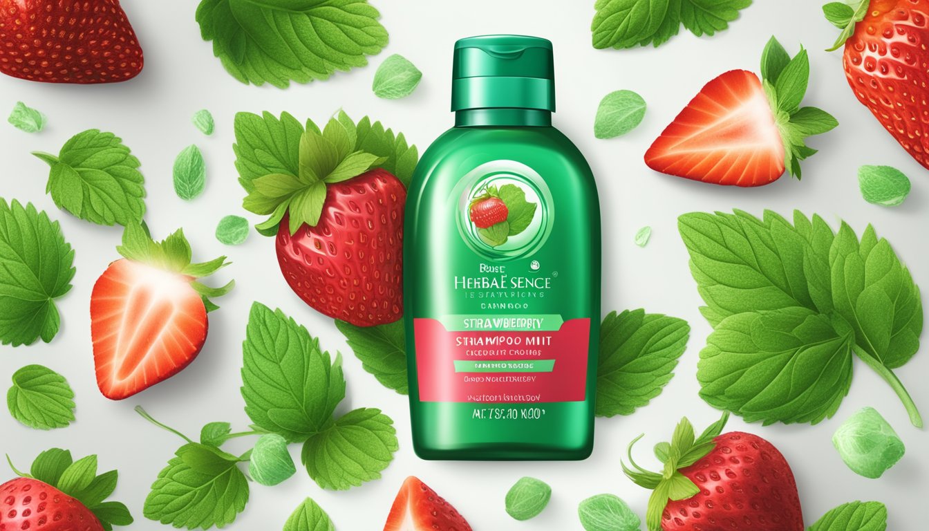 A bottle of Herbal Essences Strawberry Mint shampoo surrounded by fresh strawberries and mint leaves.
