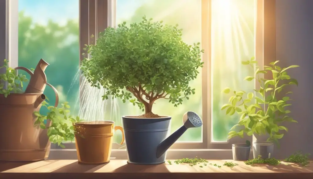 A lush green thyme plant in a blue pot, revitalized and sitting on a wooden window sill, bathed in sunlight with watering can and other plants nearby.