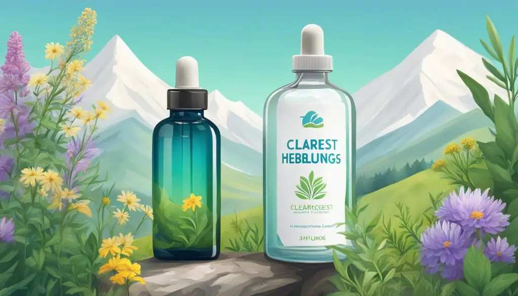 Two bottles of Ridgecrest Herbals ClearLungs supplement placed against a scenic backdrop of mountains and colorful flowers.