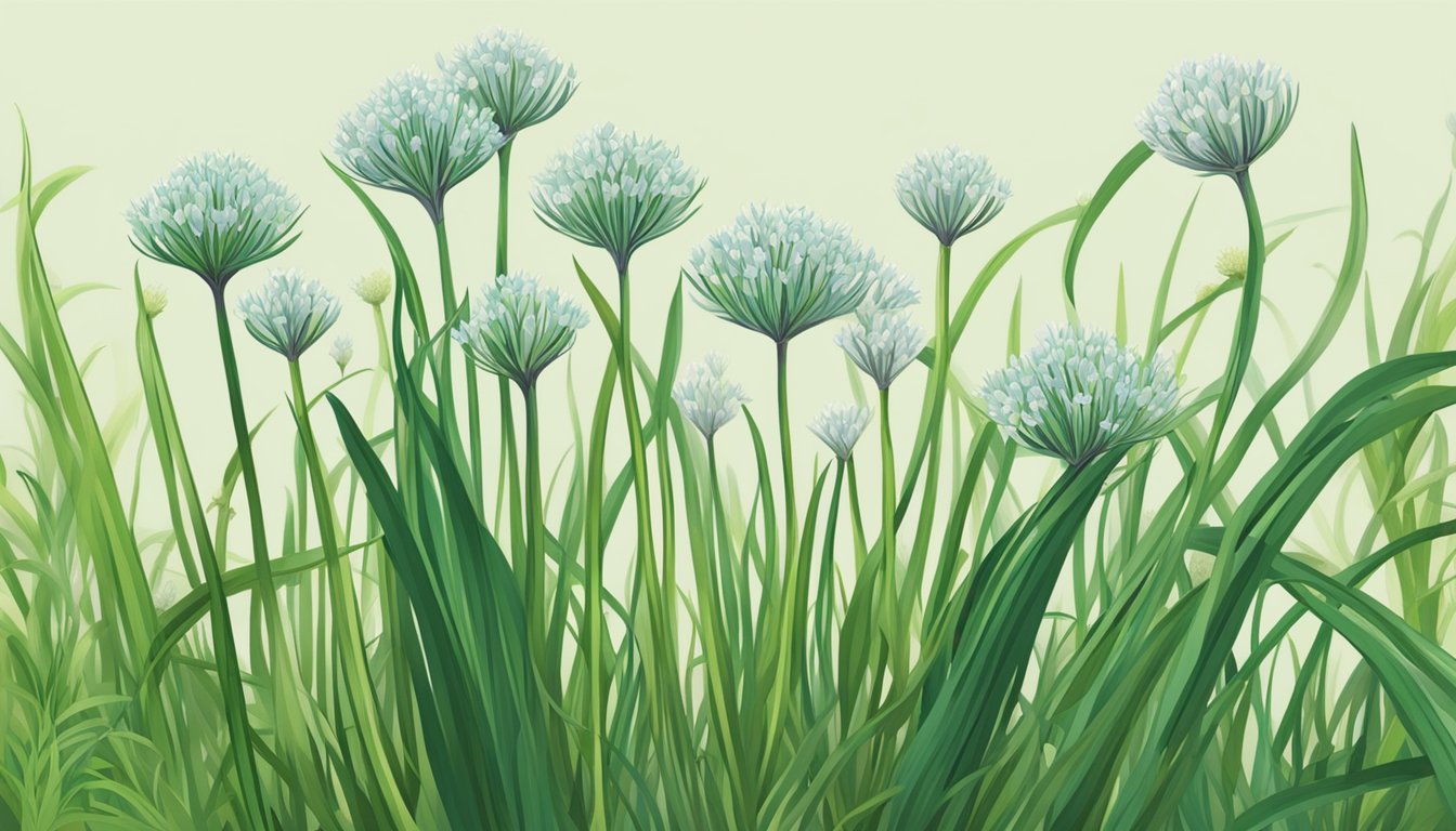 A lush field of green scallions and chives with blooming light blue flowers against a soft green background.