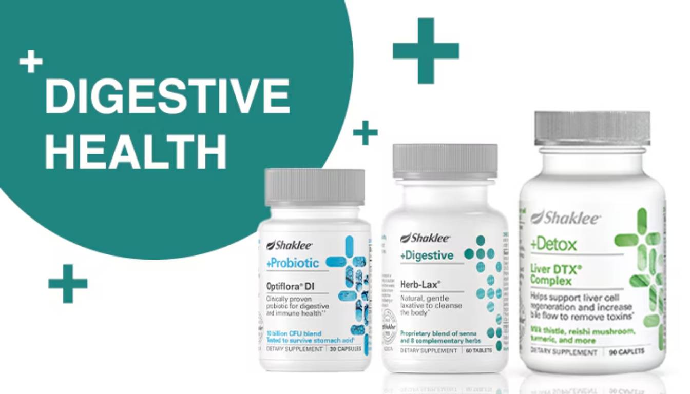 A collection of Shaklee digestive health supplements, including Probiotic, Digestive, and Detox, displayed against a green background with the text "DIGESTIVE HEALTH."