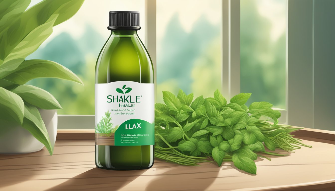 A bottle of Shaklee Herb Lax placed beside a bunch of fresh green herbs on a wooden surface, with a window and green plants in the background.