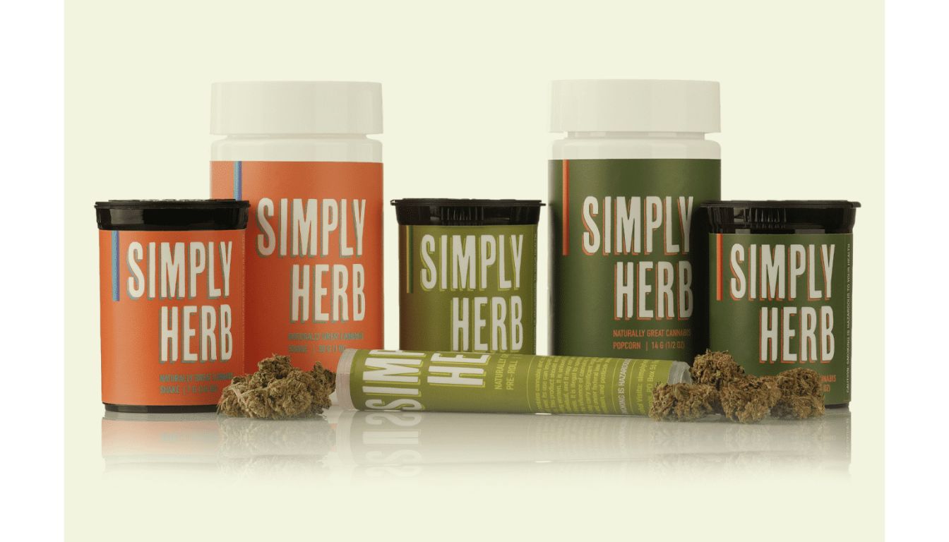 Various Simply Herb cannabis product containers, including jars and pre-rolls, displayed with cannabis buds.