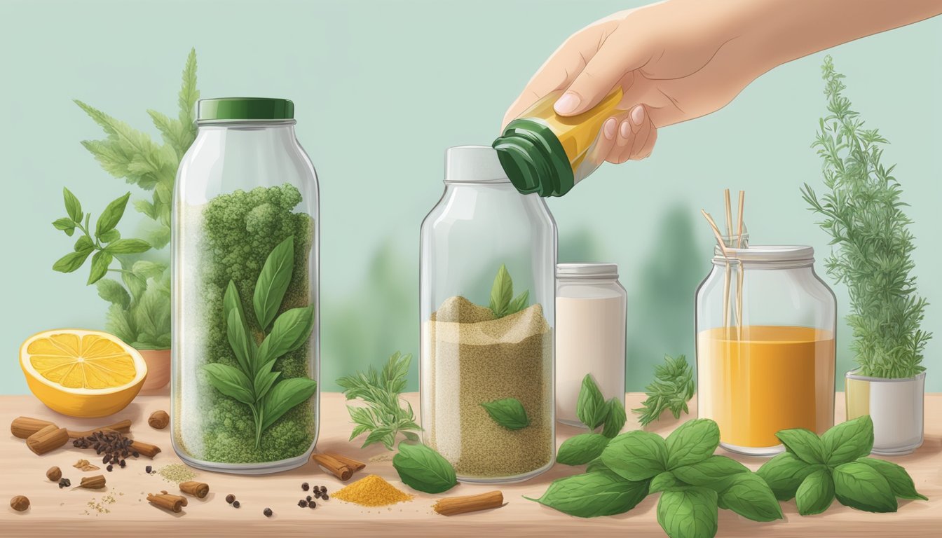 A hand pouring a green herb shake into a glass bottle, surrounded by fresh herbs and spices.