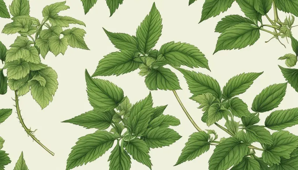 Illustration of various stinging nettle leaves on a light background.