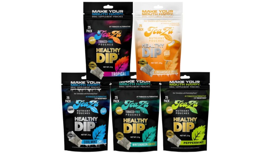 Six colorful packages of ZeaZa “Healthy Dip” oral pouches displayed on a white surface, each labeled with a distinct flavor and marked as tobacco- and nicotine-free.