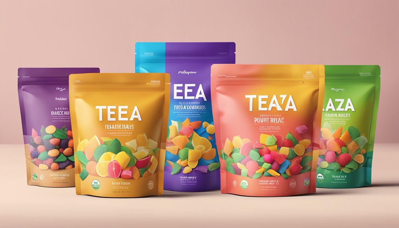 A collection of four colorful Teaza pouches with different flavors displayed against a light background.