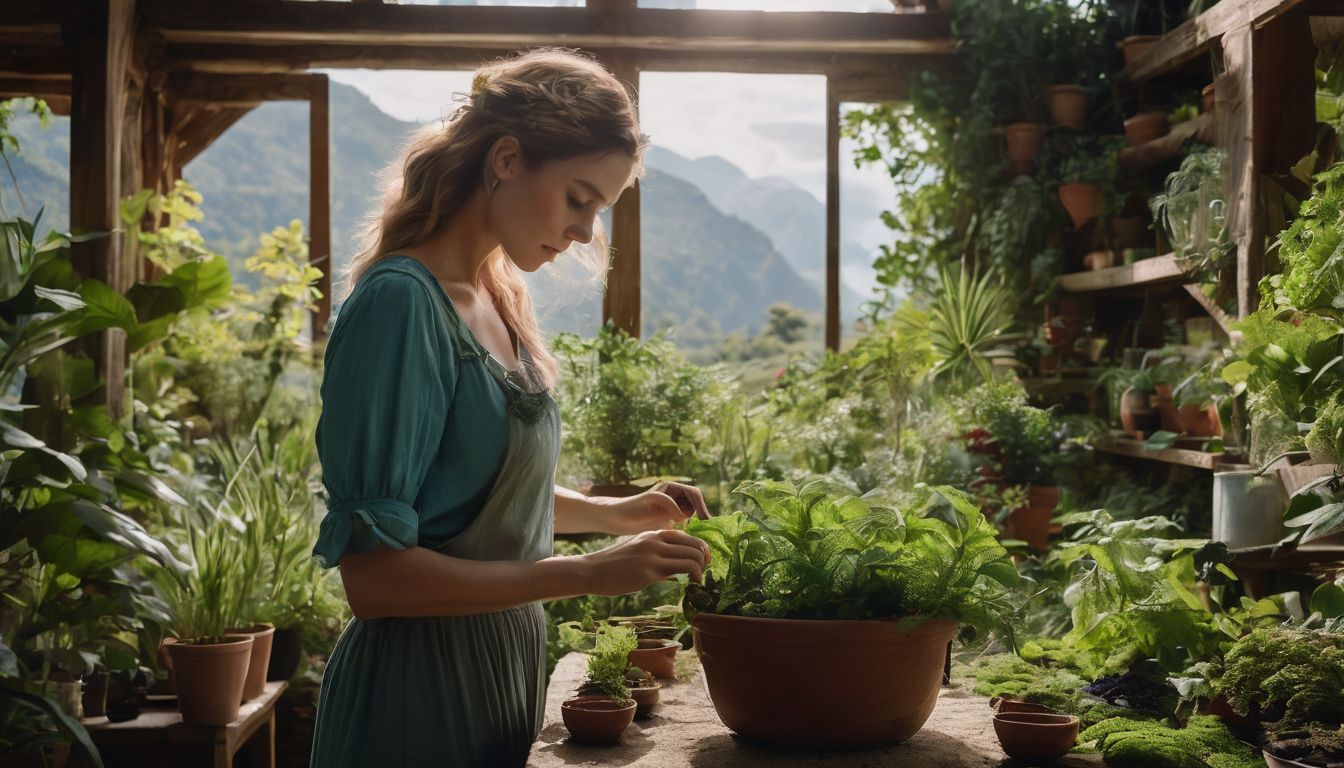 A person tending to a variety of potted medicinal plants in a greenhouse with a mountain view.