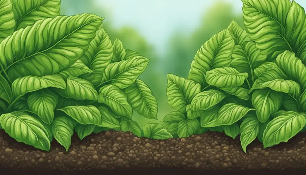 Illustration of lush green basil plants growing in brown soil with a blurred green background.