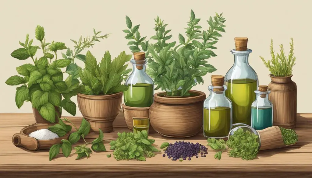 An assortment of herbal remedies displayed on a wooden shelf.