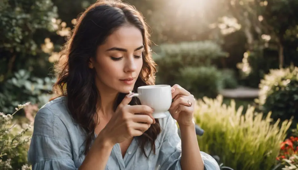 A person holding a cup of herbal tea in a serene garden setting.