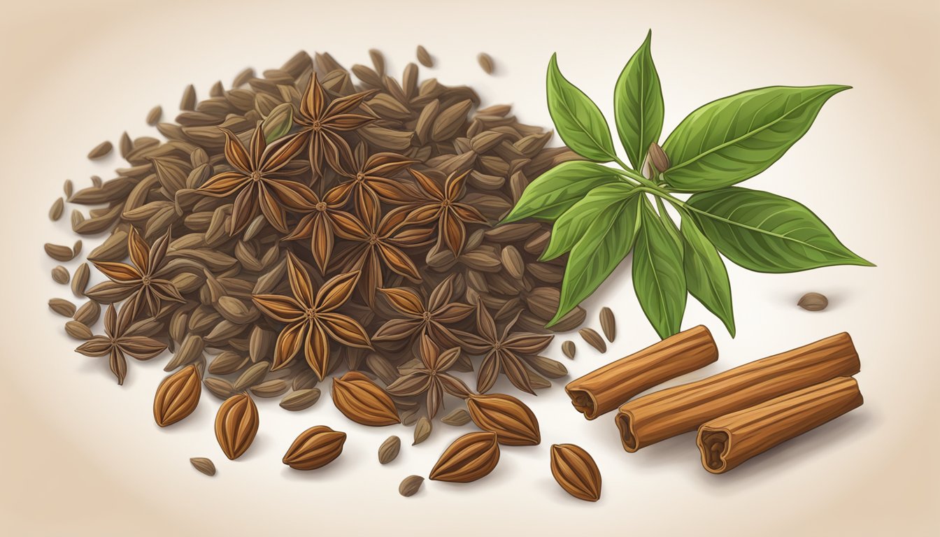 Illustration of anise seeds, leaves, and cinnamon sticks on a beige background.