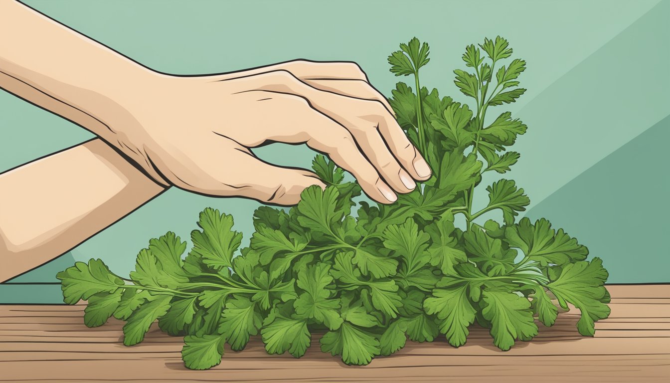 An illustration of a hand picking coriander leaves from a bunch on a wooden surface.