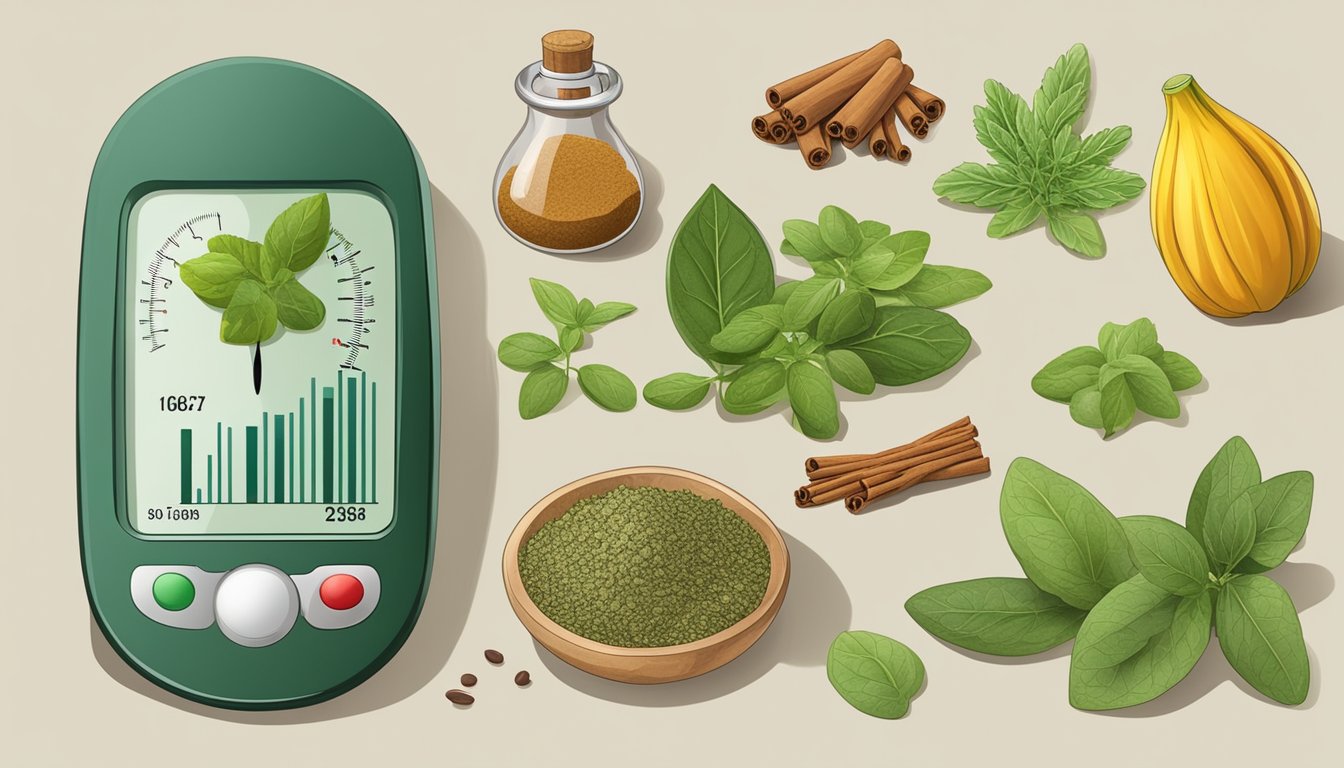 Illustration of a glucose monitor and various herbs and spices.