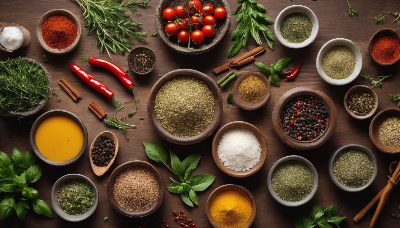 A variety of herbs and spices on a wooden table.