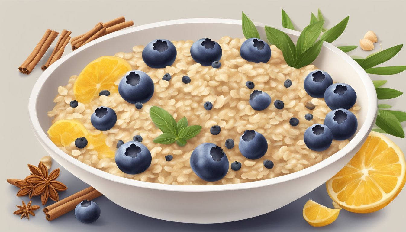 A bowl of oatmeal topped with blueberries, slices of oranges, and garnished with green leaves, surrounded by cinnamon sticks and star anise.